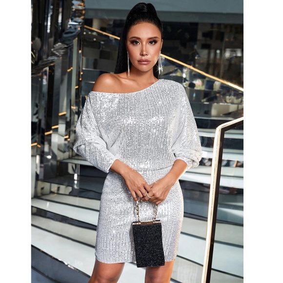 Silver Sequined One Shoulder Dress Long Sleeve Mini Short - Picture 5 of 10